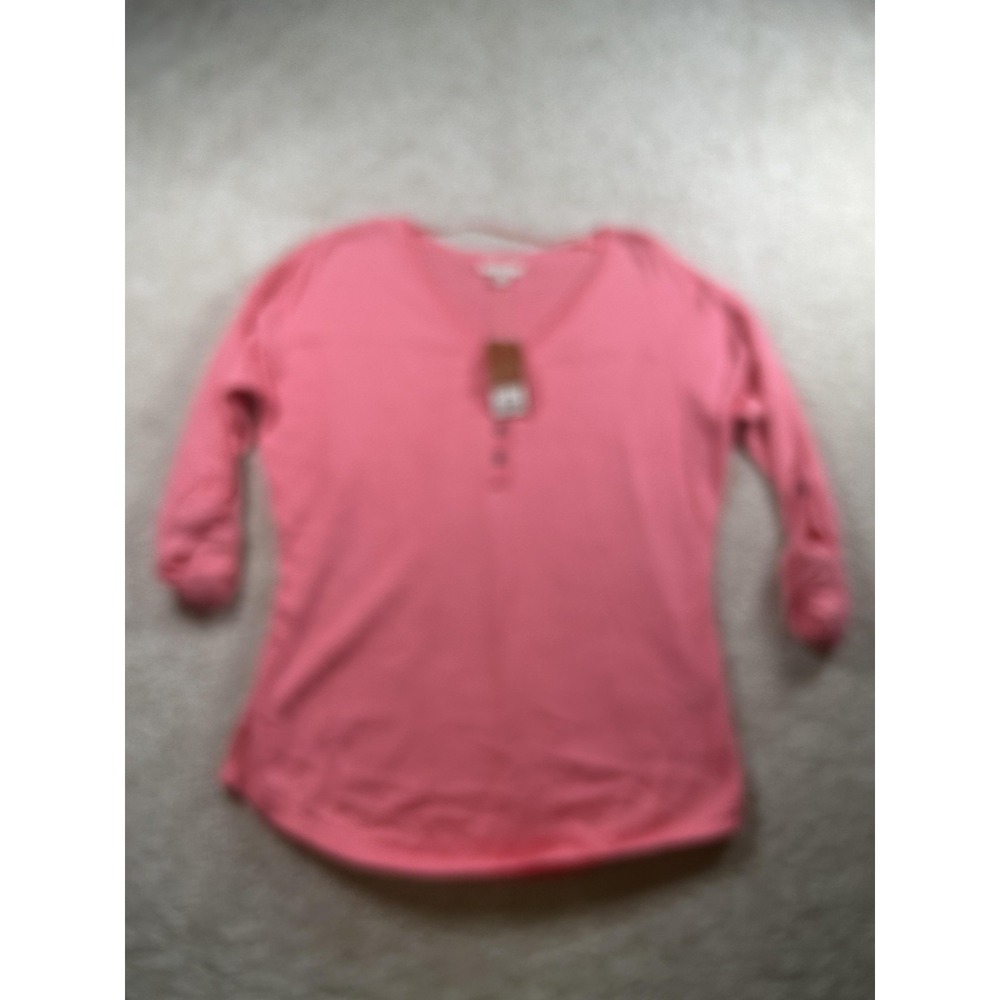 Sonoma Henley Sweater Womens Small Pink Salmon Rise 3/4 Sleeve Roll‎ Tab Cotton